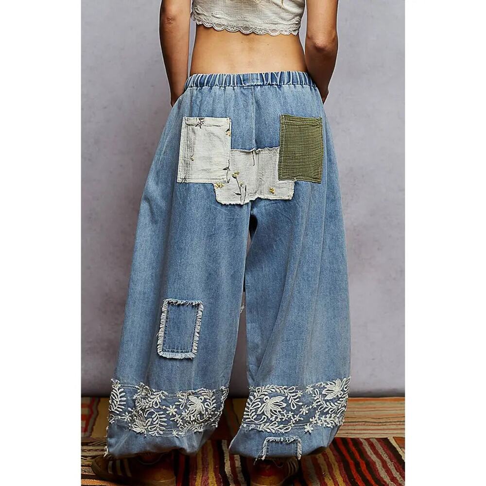 POL Denim Wide-Leg Patchwork Joggers with Olive & Cream Patches - Picture 2 of 4